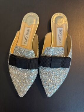 Jimmy Choo Silver Glitter Pointed Mule with Black Grosgrain Bow